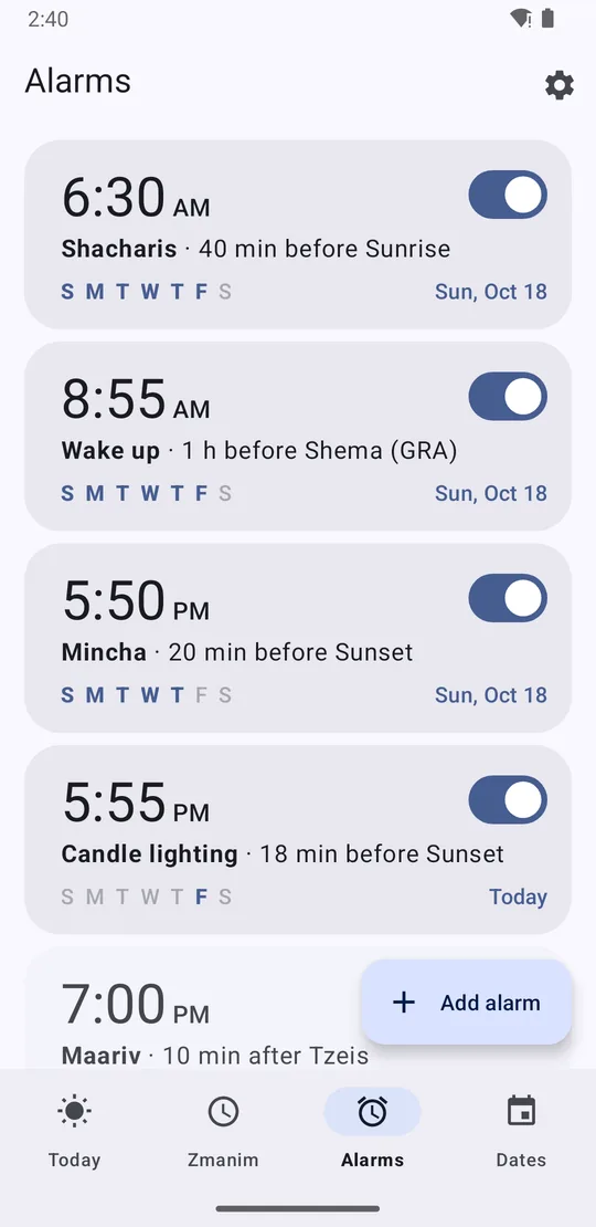 Alarms screen in blue wallpaper colors: Shacharis, Wake up, Mincha and Candle lighting alarms, each tied to a zman