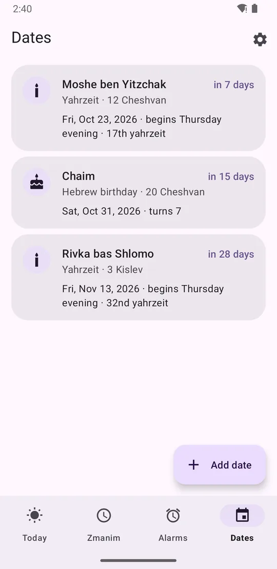 Dates screen in purple: two yahrzeits and a Hebrew birthday, with the civil date each falls on this year