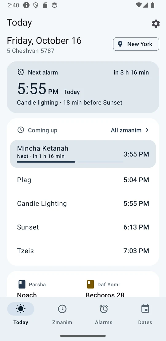 Today screen in light mode: Friday's date and Hebrew date, the next alarm for candle lighting at 5:55 PM, and the zmanim coming up