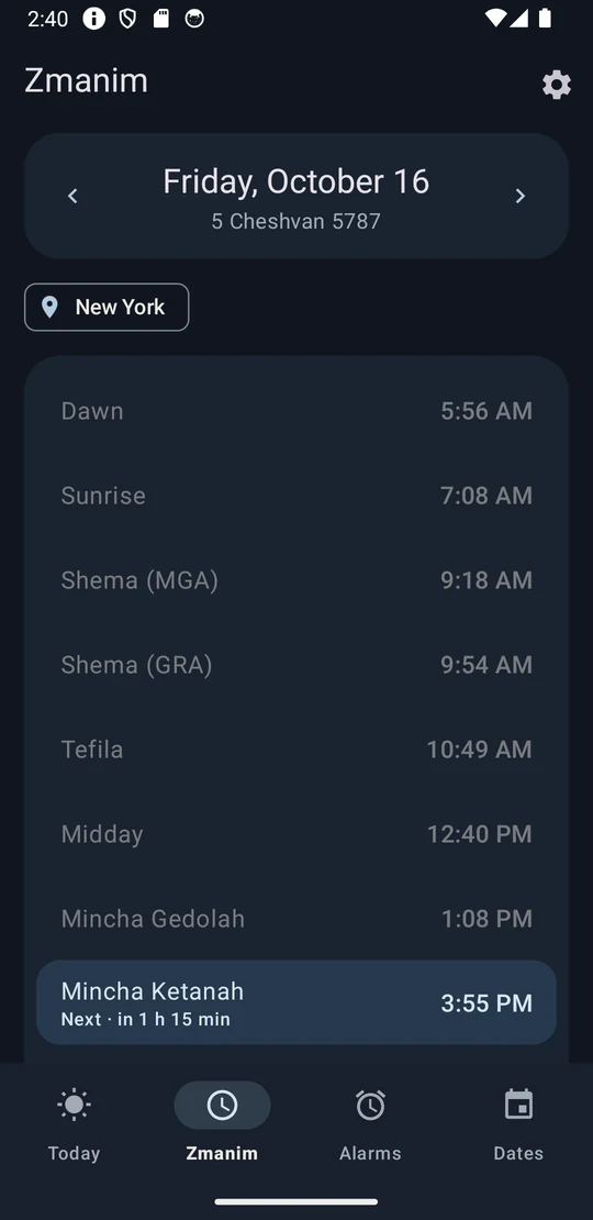 Zmanim screen in dark mode listing dawn, sunrise, Shema (MGA and GRA), Tefila, midday and Mincha times